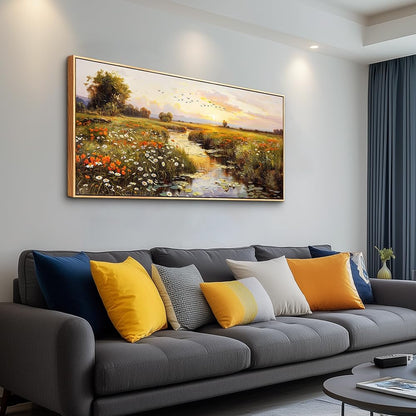 PHAOHUAXM Large Canvas Wall Art For Living Room Wall Decor For Bedroom Watercolour Painting Office Decoration Countryside Sunrise Scenery Wall Picture Home Decor Ready To Hang 30x60 In Wood Framed