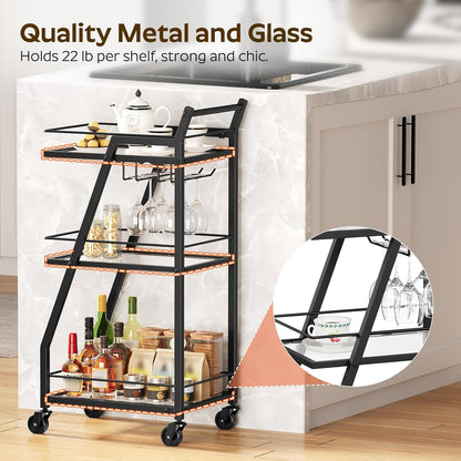 Bar Cart, 3-Tier Bar Cart for The Home, Home Bar Serving Cart with Glass Holders, Beverage Cart for Kitchen, Dining, Party Room, Black BC03BK