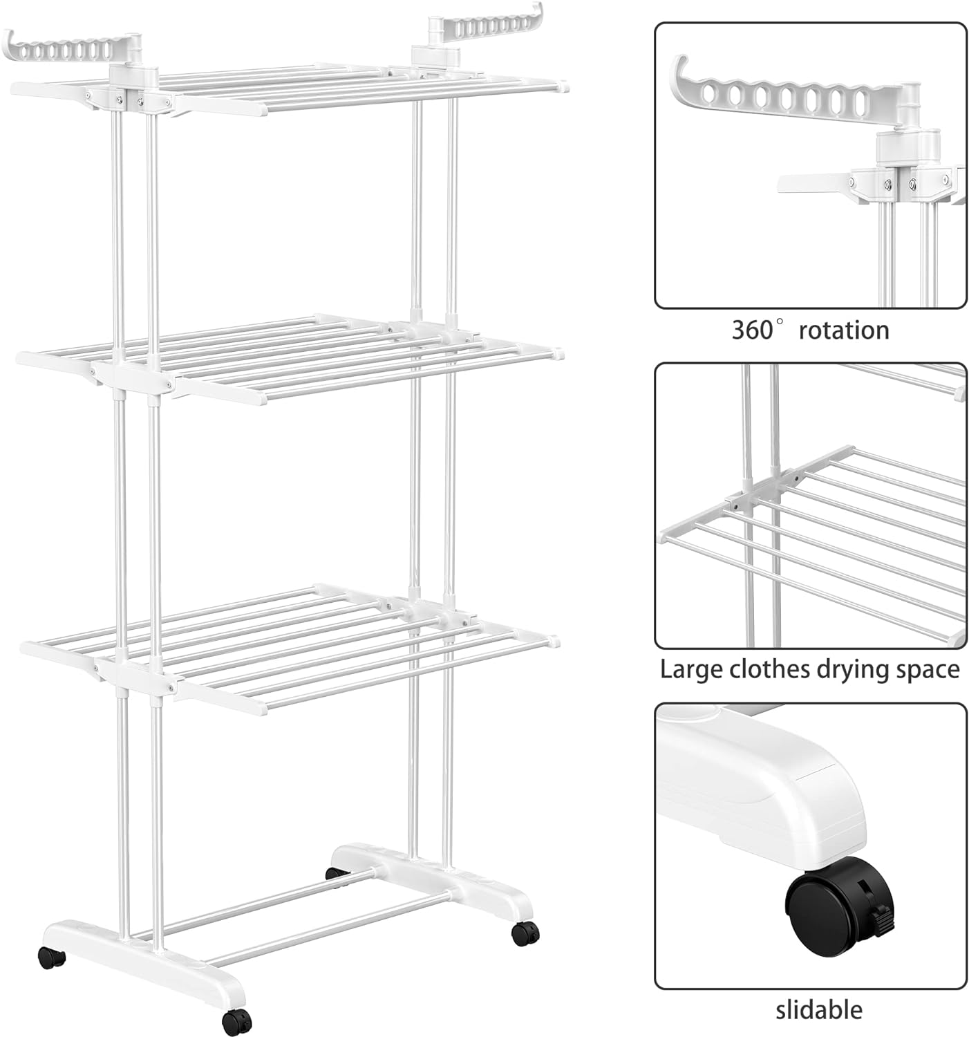 HOMIDEC Clothes Drying Rack, Large 4-Tier Foldable Drying Rack Clothing(67.7H x 19.7W x 30L Inches), Movable Drying Rack with 4 castors. Multifunctional Stainless Steel Laundry Drying Rack, White