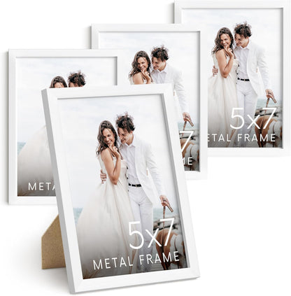 HAUS AND HUES 5x7 White Metal Picture Frames - Photo Frames 5X7 - Features Premium Aluminum, Vertical Hanging, Easel Back for Tabletop, Home, Office (5x7 in, White, Set of 4)