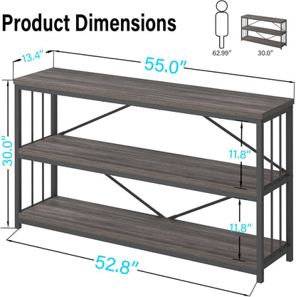 LVB Industrial Console Table, Metal and Wood Sofa Table, Rustic Entryway Table with Storage, Modern 3 Tier Shelf Long Foyer Tables Behind Couch for Home Living Room Hallway, Dark Gray Oak, 55 Inch