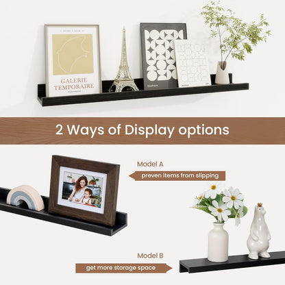 Picture Ledge Shelf, Solid Pine Wood Floating Shelves Set of 2, 24 Inches Nursery Book Shelves for Toys Storage, Kids Bookshelf Wall Mounted for Living Room Bedroom Decor Books Photo Frames, Black