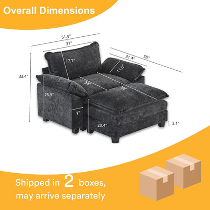 Karl home Oversized Accent Chair Chenille Sofa with Chaise, Modern Sofa Chair with Removable Ottoman Modular 1-Seater Couch and 2-Layer Ottoman for Living Room, Apartment, Studio, Black