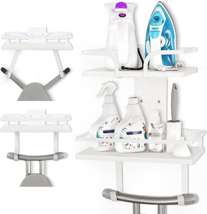 VINAEMO Ironing Board Hanger Wall Mount, 2-Layer Iron and Ironing Board Holder, Laundry Room Shelves Solid Wood with Removable Hooks Home Organization and Storage (White)