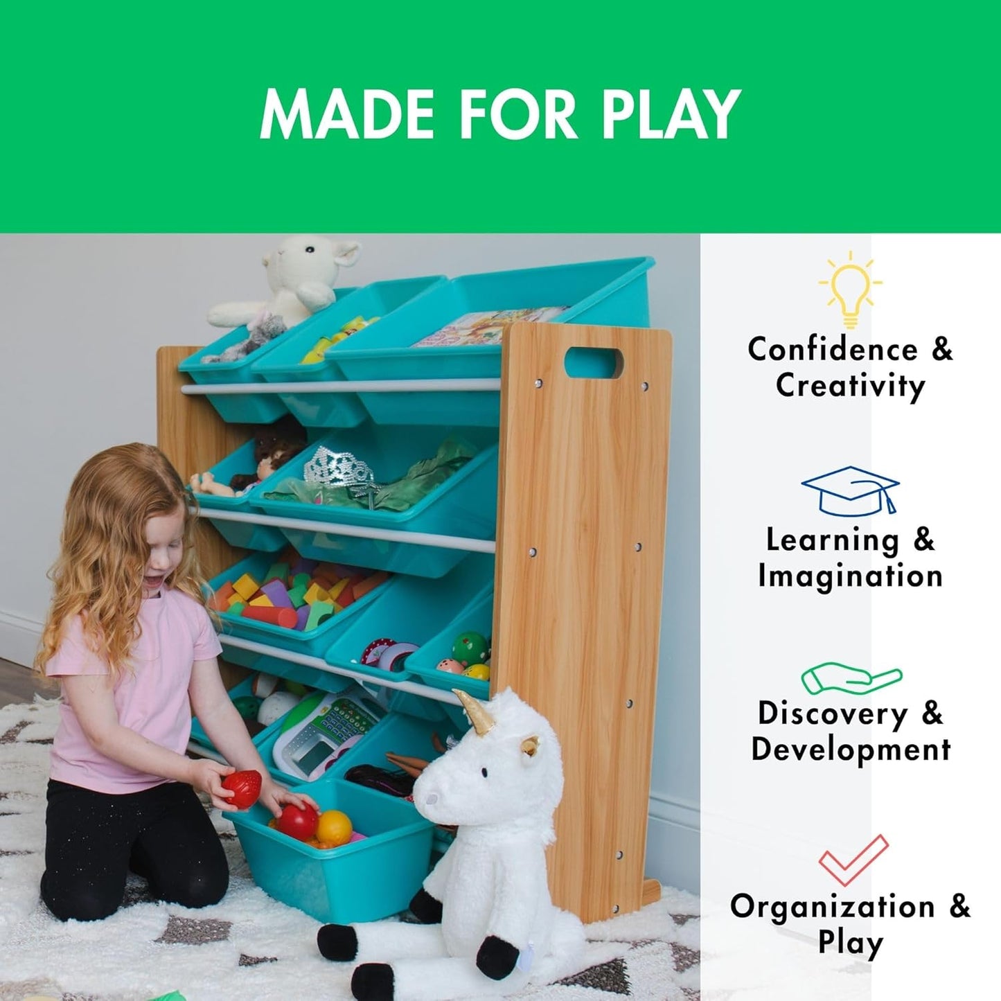 Humble Crew Kids Toy Storage Organizer with 12 Plastic Bins, Natural Wood/Aqua – Removable Bins for Playroom, Bedroom, Toddler Furniture for Boys and Girls Ages