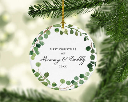 Andaz Press Custom Year Round Ceramic Porcelain Christmas Tree Ornament Keepsake Collectible Gift, First Christmas as Mommy & Daddy 2025, Farmhouse Eucalyptus Wreath, 1-PackNew