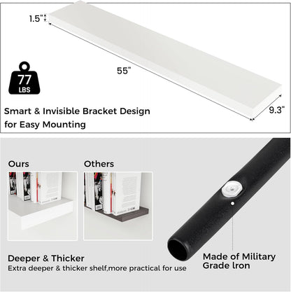 Floating Shelves for Wall, Large Wall Mounted Shelves with Invisible Brackets, Long Wood Floating Shelf for Living Room, Bedroom, Kitchen, (White, 55" W x 9" D x 1.5" H)