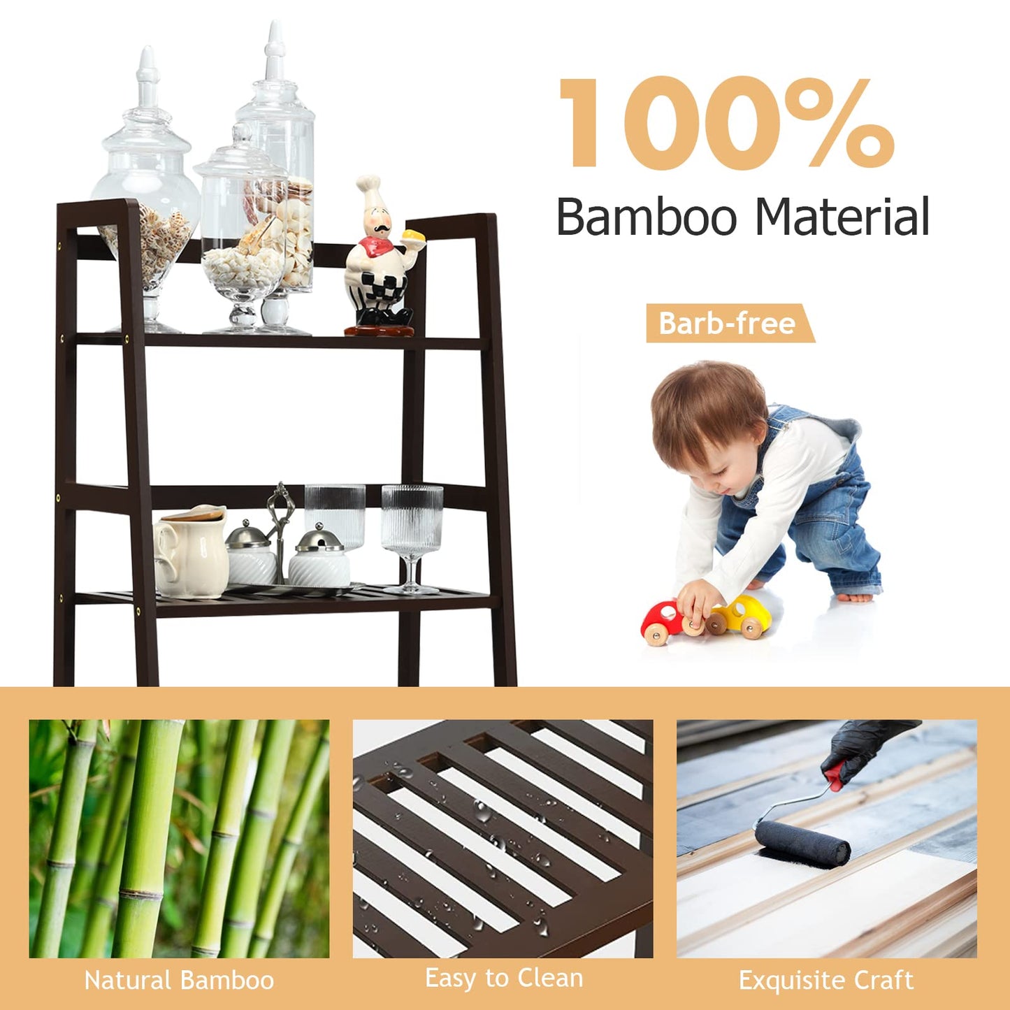 COSTWAY 4-Tier Ladder Shelf, Bamboo Plant Stand Rack, Freestanding Bookshelf, Multifunctional