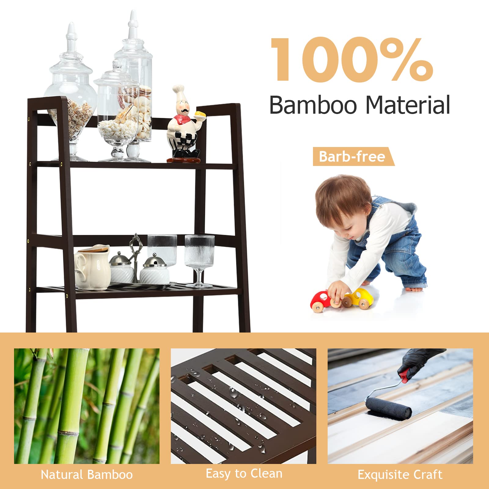 COSTWAY 4-Tier Ladder Shelf, Bamboo Plant Stand Rack, Freestanding Bookshelf, Multifunctional