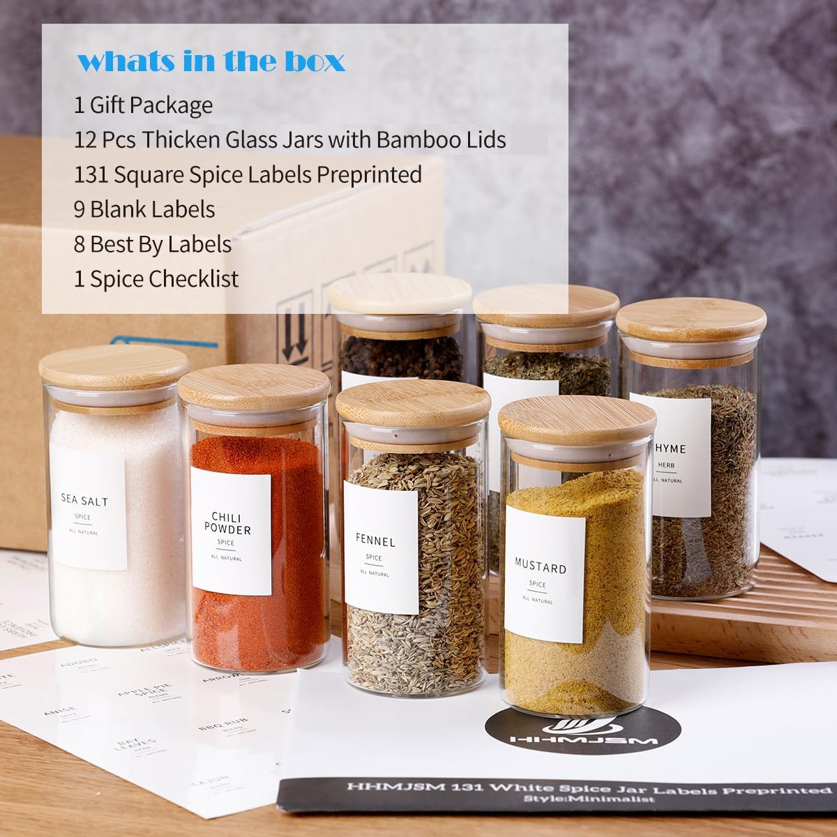 12 Pcs Glass Spice Jars With Bamboo Airtight Lids, 10oz Thicken(2.4mm) Spice Containers With 148 Minimalist Preprinted Waterproof Spice Labels, Kitchen Empty Small Storage Jars For Seasoning, Herb