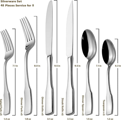 Alata Kate 48-Piece Silverware Set with steak knife Service for 8, Stainless Steel Flatware Set, Mirror Polished Cutlery Set Dishwasher Safe