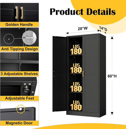 Kitchen Cabinet Storage,60”Metal Pantry Cabinet with Doors and 3 Adjustable Shelves,Food Pantry Cabinets with 2 Gold Handles,Black Tall Storage Cabinet for Livingroom,Pantry,Bathroom,Kitchen