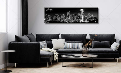 Seattle City Skyline Wall Art Black and White Canvas Prints Panorama Cityscape Picture Night View Painting Poster Modern Artwork Home Decor for Office Living Room - Ready to Hang 13.8" x 47.3"