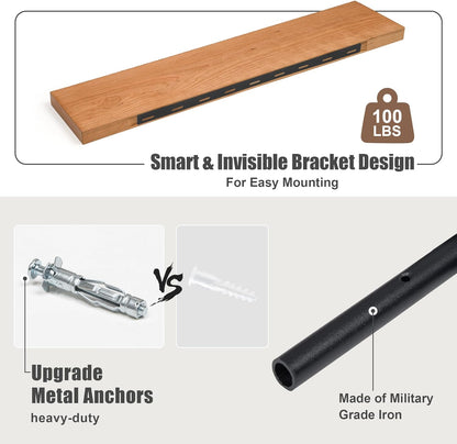 Floating Shelves for Wall, USA-Sourced Cherry Wood 24 Inch Wall Shelves Set of 2, Natural Wooden Wall Mounted Picture Ledge Shelf, Nursery Book Storage Shelf Kids Bookshelf, Display Shelf for Bathroom