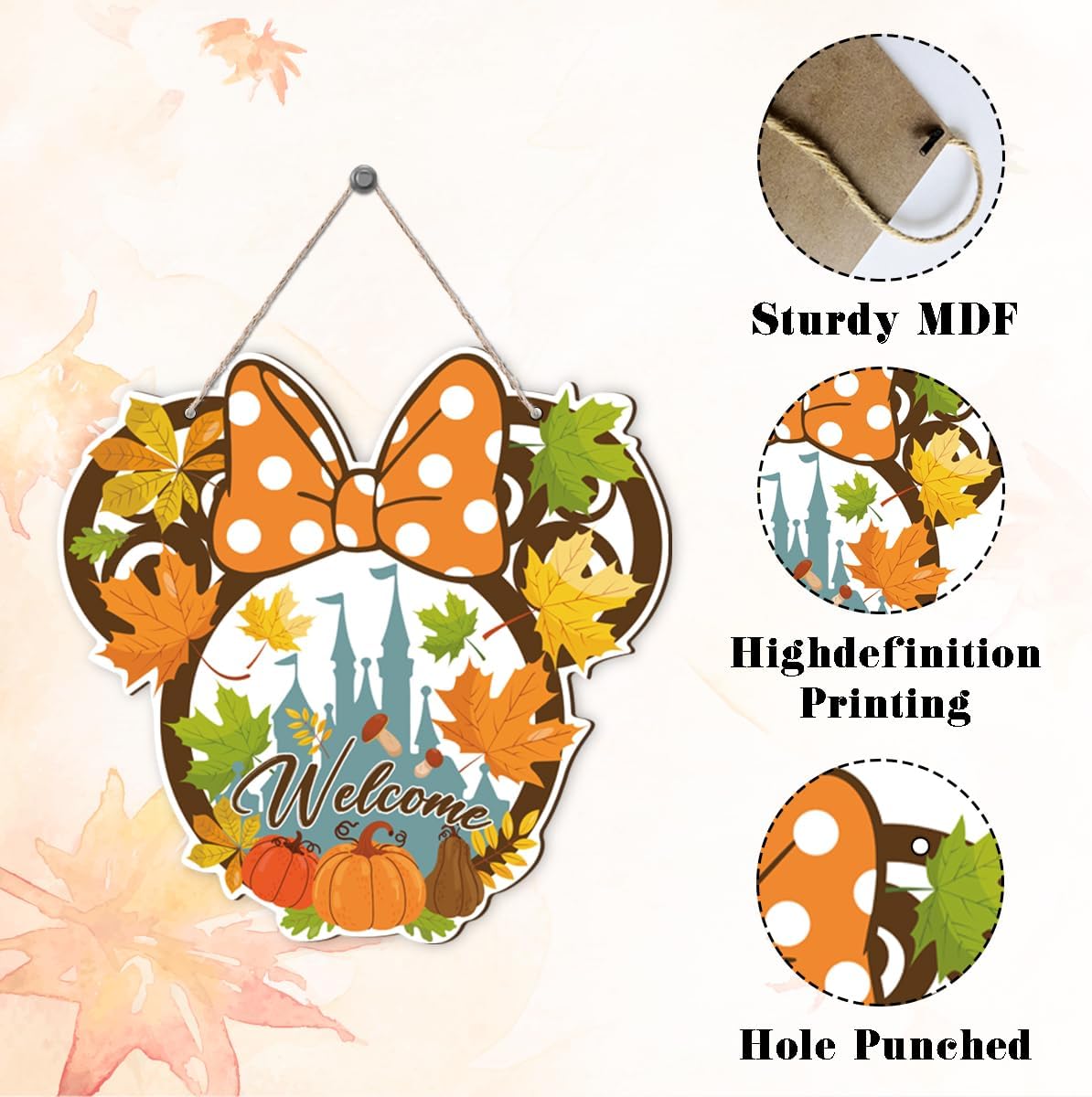 Fall Mouse Welcome Door Sign, Wooden Maple Leaves Mushroom Hanging Decor for Front Door, Fall Wood Wreath Wall Decor for Autumn Harvest Thanksgiving Home Decorations, Housewarming Gift