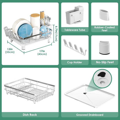 MOUKABAL Dish Drying Rack - Stainless Steel Dish Rack, Dish Racks for Kitchen Counter, Drying Rack Kitchen with Removable Utensil Holder, Drainboard and Glass Organizer (White)
