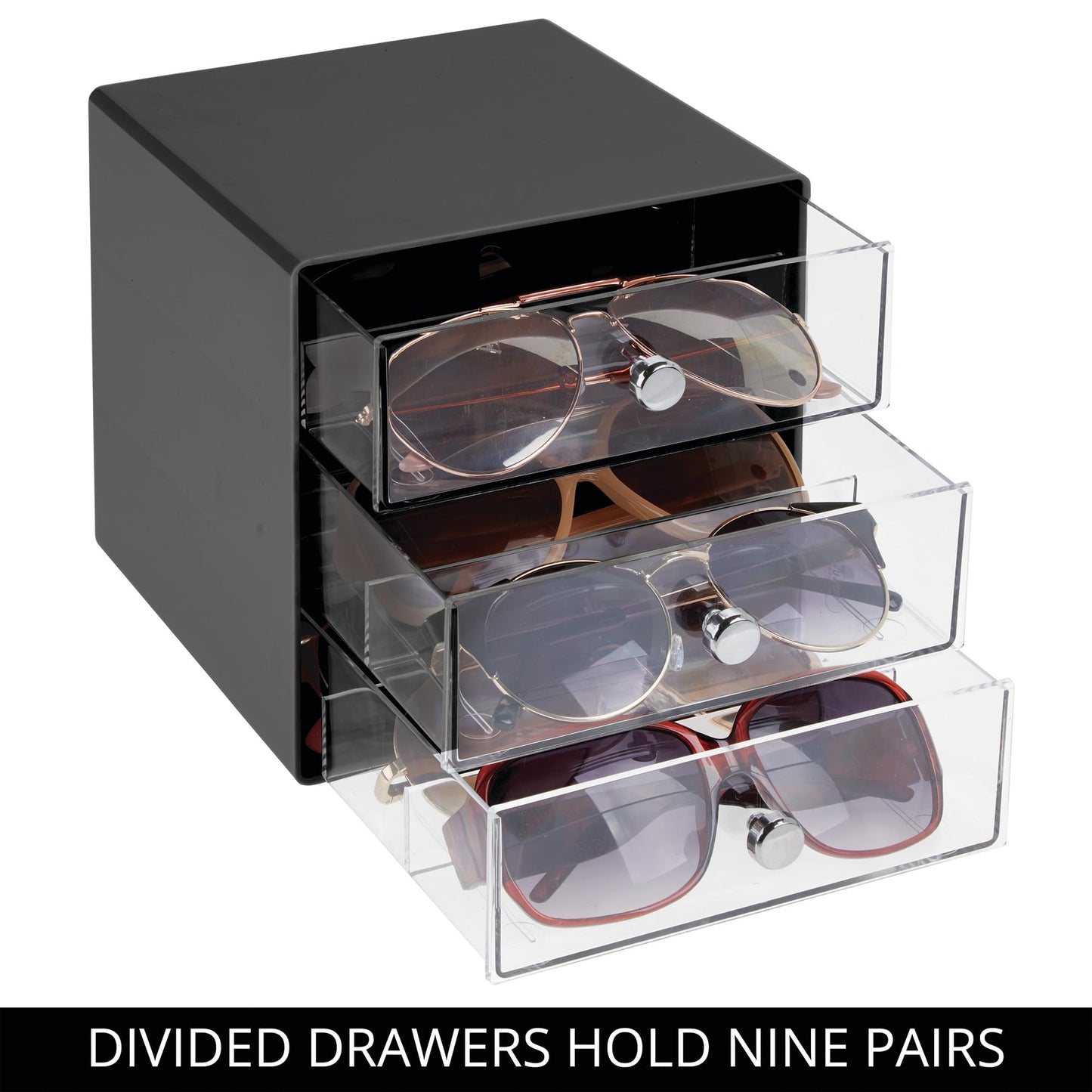 iDesign Divided 3-Drawer Stackable Organizer for Glasses, Sunglasses, and Readers - Black/Clear