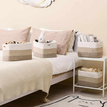 Shelf Baskets for Organizing, Storage Baskets for Shelves, Woven Baskets for Storage, Cotton Rope Baskets with Handles for Toy, Book, Clothes, 12.5"Lx9.1W"x7.9H", (4 Packs) Gradient Brown