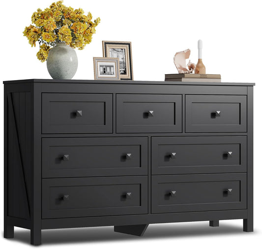 WLIVE Farmhouse Dresser for Bedroom, 51.18'' Wide 7 Drawer Wood Dresser, Black TV Stand for 65 inch TV, Wooden Chest of Drawers for Bedroom, Modern Clothes Organizer for Living Room, Hallway