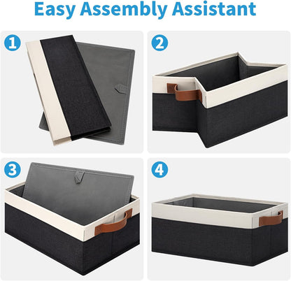 GhvyenntteS Storage Baskets for Shelves 12 Pack, Fabric Storage Bins with Leather Handles, Foldable Rectangular Storage Baskets for Organizing Home, Office (Black/White, 11.8" x 7.87" x 5.11")