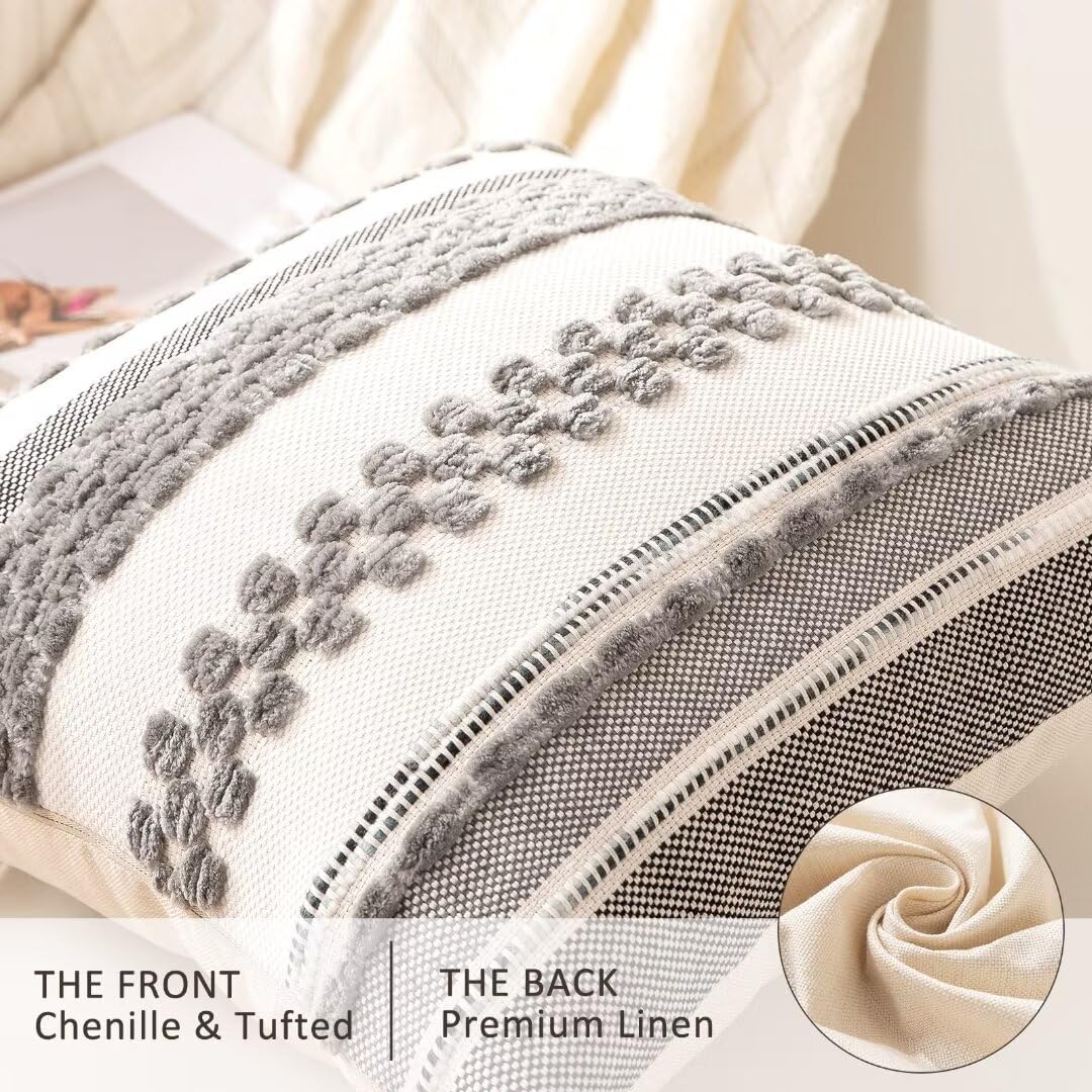 Boho Throw Pillow Covers 18x18 Set of 2 Farmhouse Decorative Cushion Case Striped Square Pillows Cover Chenille Pillow Cases Accent Neutral Pillowcase for Sofa Couch Bed,Gray