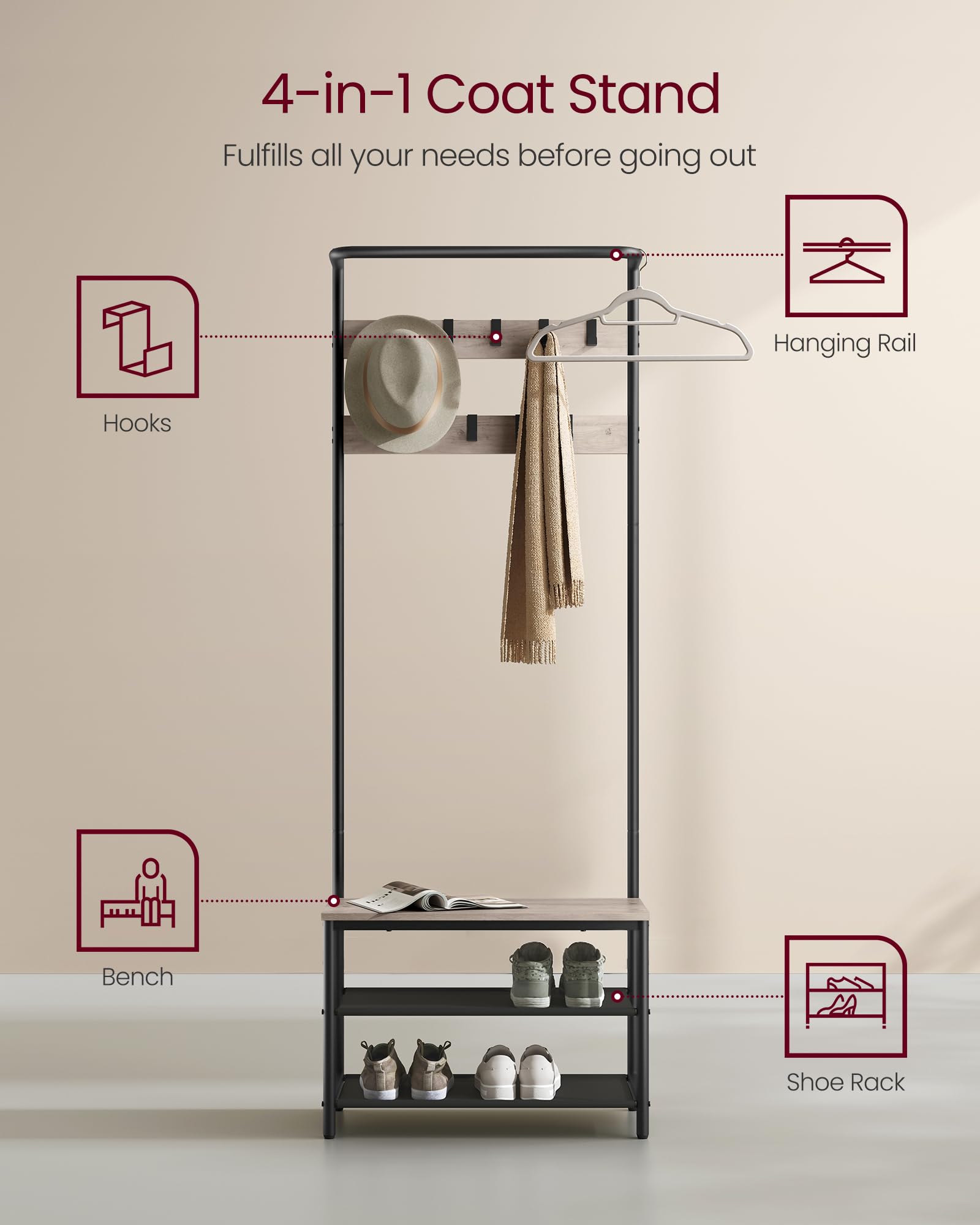 VASAGLE Hall Tree with Bench and Shoe Storage, Entryway Bench with Coat Rack Stand and Shoe Rack, 9