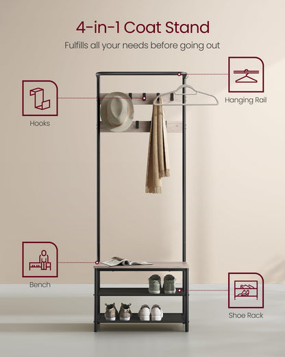 VASAGLE Hall Tree with Bench and Shoe Storage, Entryway Bench with Coat Rack Stand and Shoe Rack, 9