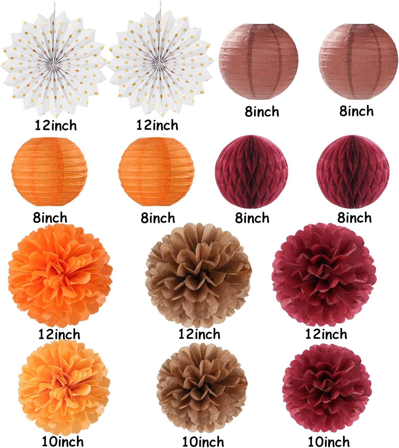 Fall Boho Baby-Shower Party-Decorations Streamers-Lanterns - 14pc Autumn Harvest Brown Orange Burgundy Paper Fan,Rustic Birthday Wedding Bridal Tissue Pom Poms,Honeycomb Balls,Engagement Decor Ouruola