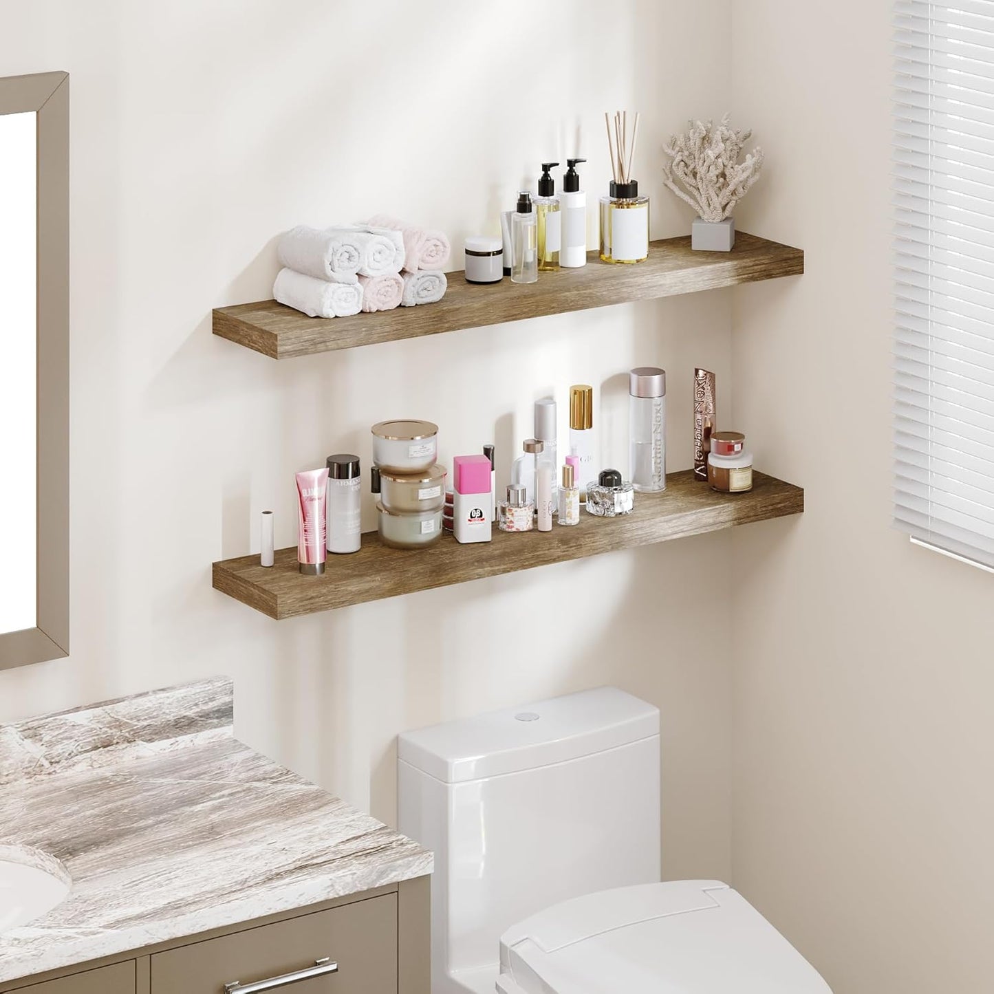 BAMEOS Floating Shelves,40 in W x 8in D Wall Mounted Wooden Shelves with Invisible Brackets Set of 2, Hanging Wall Shelves Decoration for Bedroom, Bathroom, Living Room and Kitchen