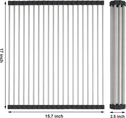 Searik Roll up Dish Drying Rack, Over The Sink Rolling Dish Drainer Rack Multipurpose Foldable Kitchen Stainless Steel Dish Rack Sink Drying Rack for Kitchen Sink Counter (17"x 15.7")