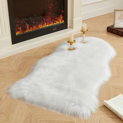 AMTOVO Faux Fur Rug, White Area Rug, Fluffy Sheepskin Rug, Fuzzy Ultra Soft 2 x 4 ft Shag Rugs for Bedroom Sofa Throw Cushion Room Decor, Sheepskin