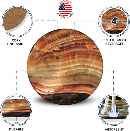 Emerson Essentials Coasters for Drinks Absorbent with Holder, Set of 6, Cork Bottom Ceramic Stone Modern Marble Style for Wooden Coffee Bar Tables, Glass Tabletop Non Slip, Housewarming