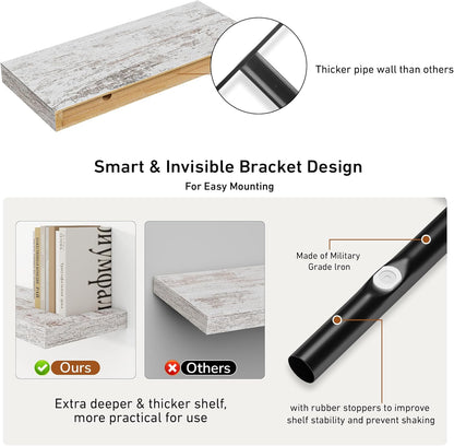 Fun Memories Deep Floating Shelves - 16" W x 9" D x 1.6" H Rustic Grey Wall Shelf - Wall Mounted Shelves for Storage - Wooden Shelves with Invisible Brackets for Living Room, Farmhouse - Set of 2