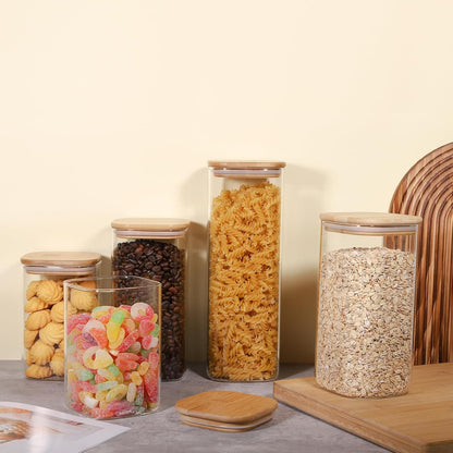 Glass Food Storage Jars 76 oz Set of 3,Glass Storage Containers Clear Glass Food Canister with Bamboo Lid Airtight For Serving Tea, Coffee, Flour, Sugar, Candy, Cookie, Spice and More (Square)