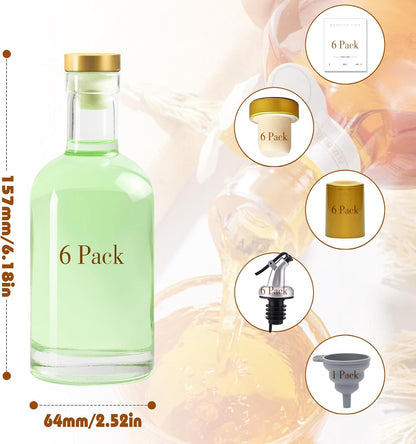 Olive Oil Dispenser Bottle for Kitchen, Clear Glass Oil and Vinegar Dispenser Set, Coffee Syrup Dispenser, Container With Metal Pour Spout, Airtight Lid, Funnel, Waterproof Labels (200ml-6 Pack)