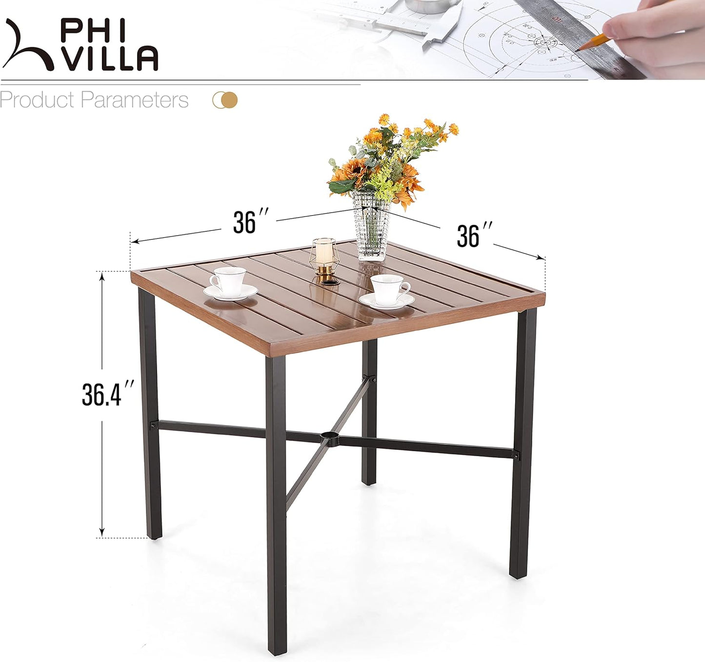 PHI VILLA 36"X36" Outdoor Metal Counter Height Table with 1.57" Umbrella Hole, Square Table with Teakwood-Brown Table Top and Black Table Legs for Outdoor and Indoor