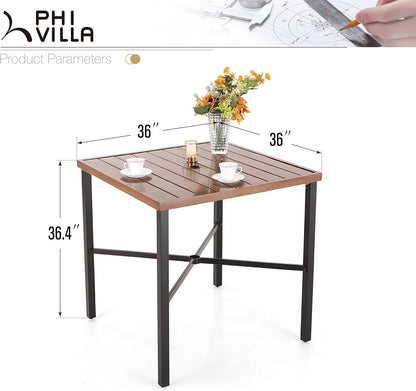 PHI VILLA 36"X36" Outdoor Metal Counter Height Table with 1.57" Umbrella Hole, Square Table with Teakwood-Brown Table Top and Black Table Legs for Outdoor and Indoor