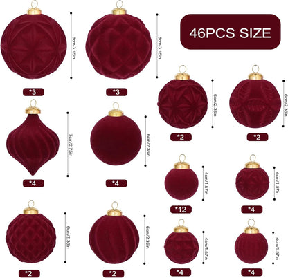 46PCS Velvet Christmas Ball Ornaments Set, Flocked Shatterproof Xmas Tree Decor, Assorted Hanging Ornaments with Loop for Holiday Home Decor, Christmas Tree, Mantel, Party Decoration (Red)