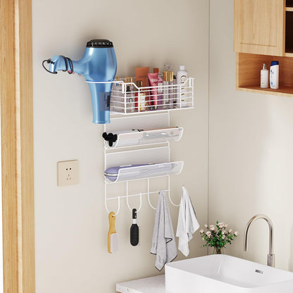 VITVITI Metal Hair Tool Organizer Wall Mount, Hair Dryer Holder with 3 Tier Shelf Basket Hooks, Bathroom Hair Styling Tool Organizer for Curling Iron/Blow Dryer/Straightener, White