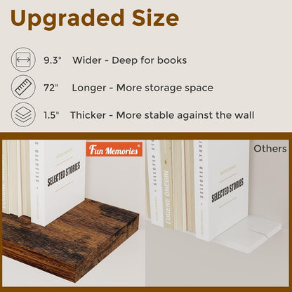 72 Inch Floating Shelves, 72 x 9 Rustic Wooden Fireplace Mantel, 9 Inch Floating Shelf for Wall, Farmhouse Wall Shelves for Home Storage & Display, Rustic Brown Color, Set of 1