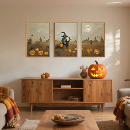 Celestdeco Halloween Ghost Reaper Framed Wall Art Set, Scary Witchy and Pumpkin Wall Decor, Horror Night Wall Painting, Full Moon Bats Art Prints for Living Room,Bedroom,Halloween Themed Party Decoration-16"×24"×3