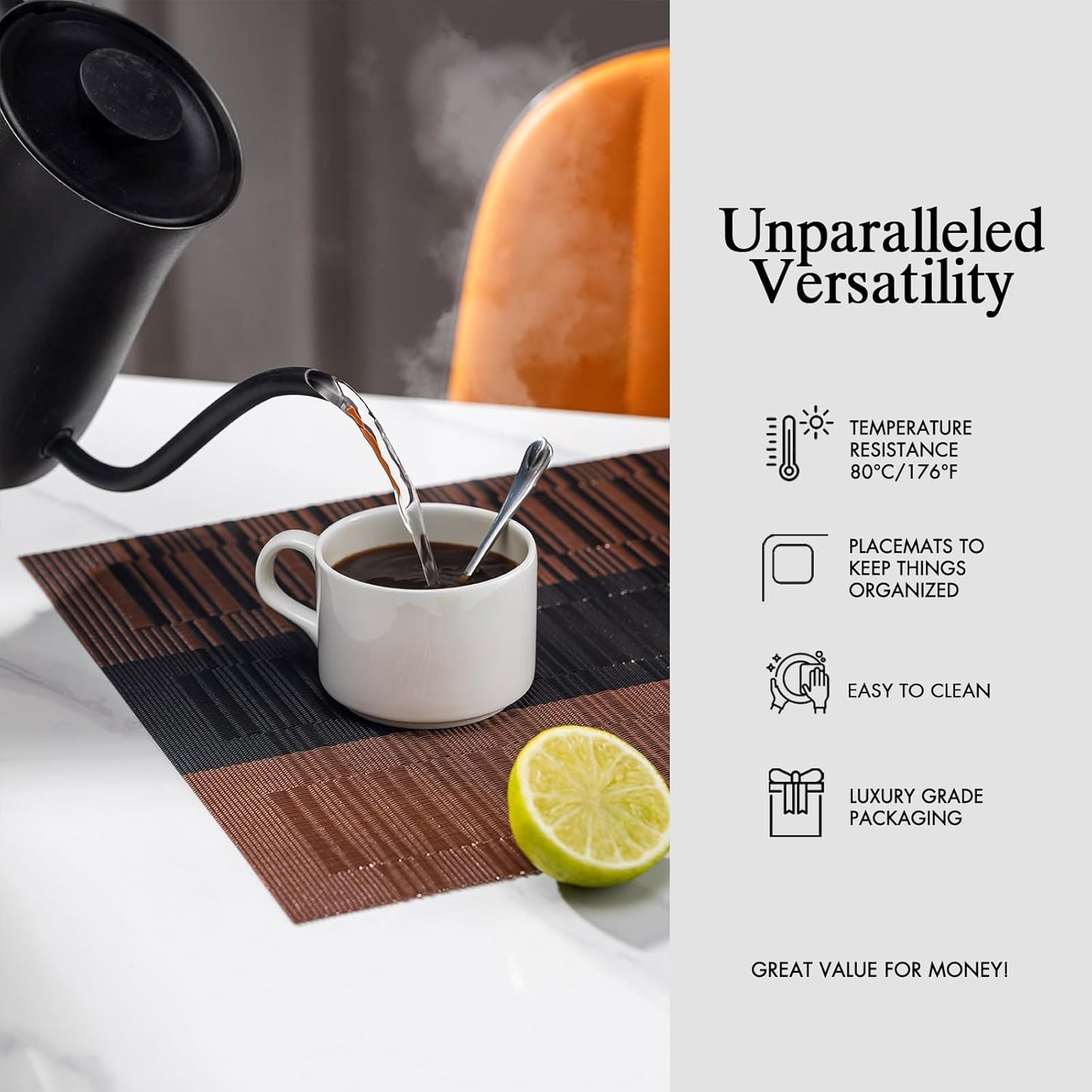 Placemats Set of 4 - Easy Clean Woven Vinyl Placemats for Dining Table, Indoor/Outdoor Place Mats, Washable PVC Table Mats （Ombre Brown Black）