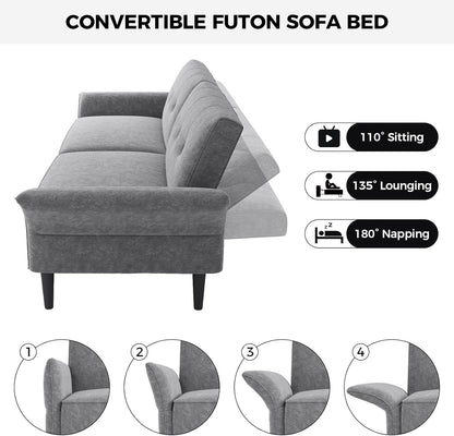 89” Futon Sofa Bed, Comfy Futon Couch Bed with 2 Square Pillows, Convertible Sleeper Sofa with Adjustable Backrest& Armrests, Modern Loveseat Sleeper for Living Room, Bedroom, Light Gray