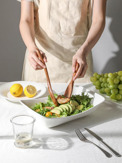 Kanwone Large Serving Bowls with Handles, White Serving Dishes For Entertaining, 1.8 Quarts Porcelain Bowl Set for Turkey, Fruit, Salad, Rectangle Serving Platter for Parites, Thanksgiving, Set of 2