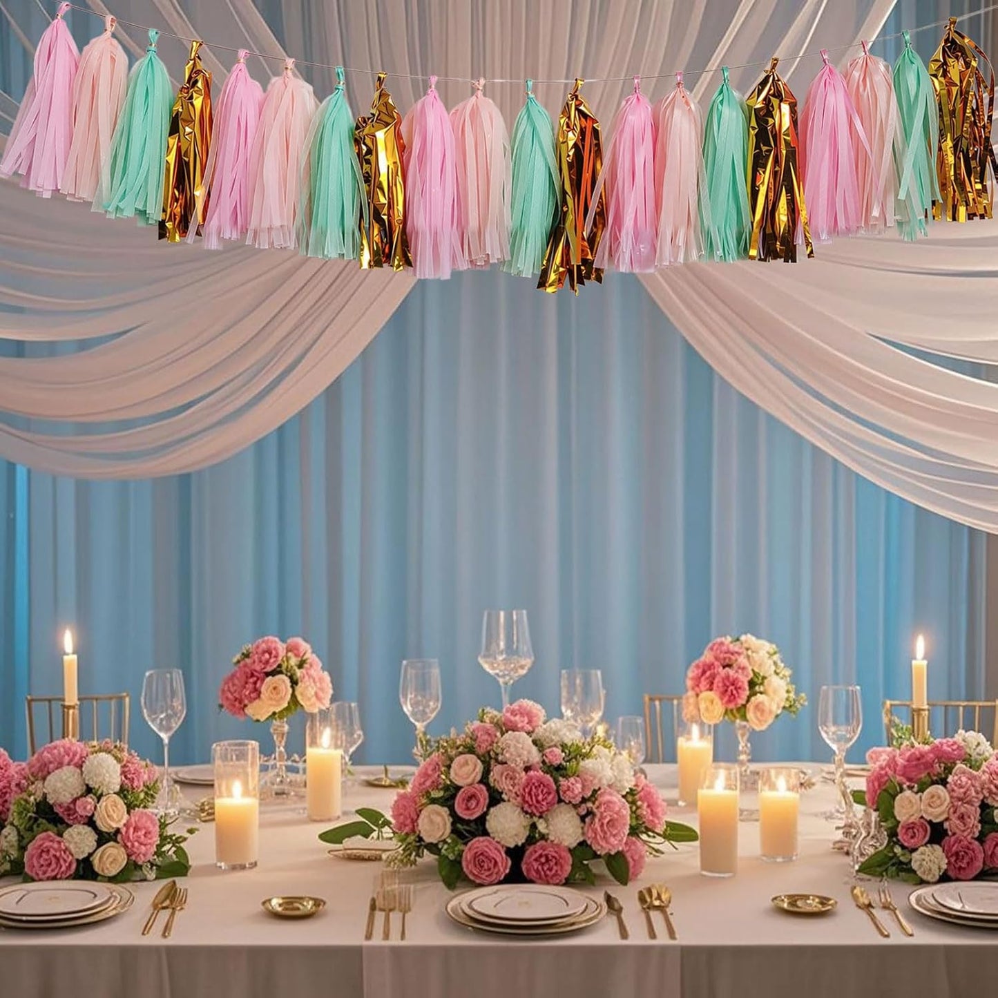 Shiny Tassel Garland Tissue Paper Tassel Banner,Tassels Party Decorations for Wedding,Birthday,Bridal/Baby Shower,Pack of 20 (Gold/Mint/Peach/Pink)