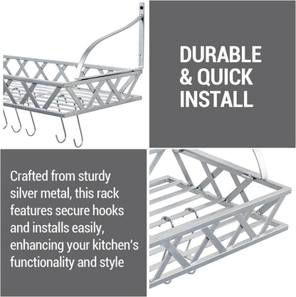 MyGift Wall Mounted Silver-Tone Metal Hanging Kitchen Pots, Pans and Utensils Storage Cookware Rack with 12 Removable S-Hooks and Top Display Shelf for Condiments Spice Rack