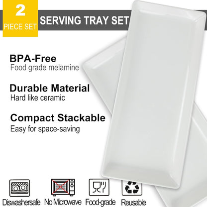 Long Melemine Serving Tray, 17.3x8x1.5 in Serving Platters and Trays for Appetizer, Charcuterie, Bread, Fruit, Dessert, Set of 2, White