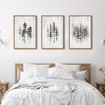 HPINUB Woodcut Style Pine Tree Framed Canvas Wall Art Set, Minimalist Modern Black and White Forest Wall Decor, Rustic Minimalist Canvas Painting for Living Room,Bedroom,Office Decor-16 x24 x3