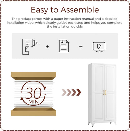 75" Kitchen Pantry Cabinet, White Metal Storage Cabinets with 2 Doors and 4 Adjustable Shelves, Tall Pantry Storage Cabinet for Kitchen, Dining Room, Living Room