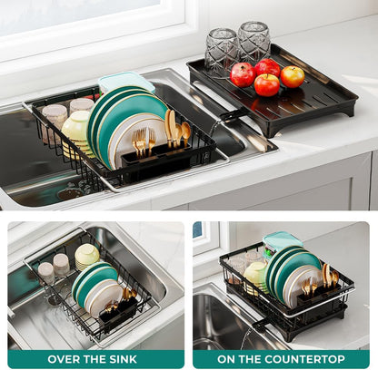 Expandable Dish Drying Rack in Sink, Adjustable Stainless Steel Rustproof Grip Handles Dish Rack Over The Sink, Dish Strainer with Drying Tray & Utensil Holder